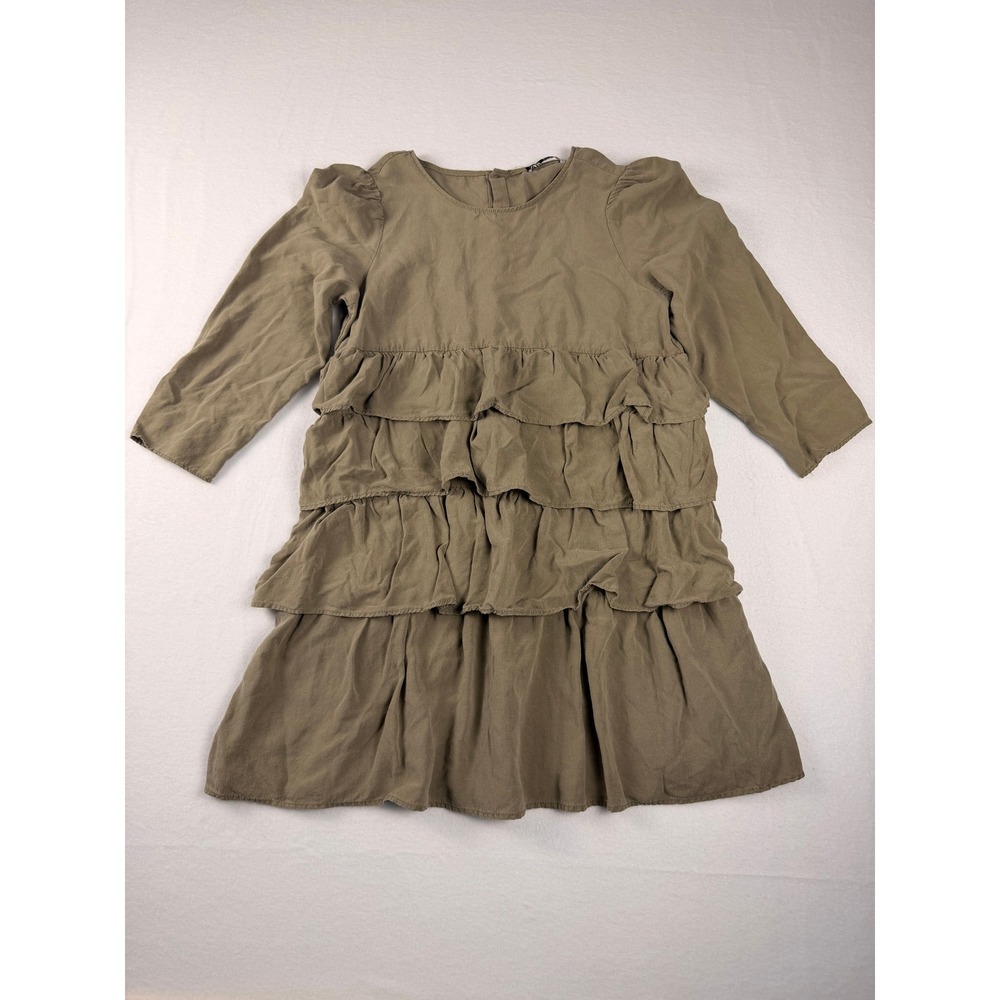 Zara Womens Olive Green Tiered Ruffle Mini Dress Lyocell Blend Size M